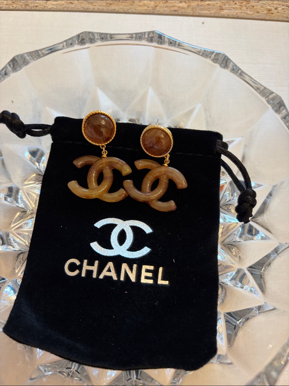 C Brown Resin CC Drop Earrings
